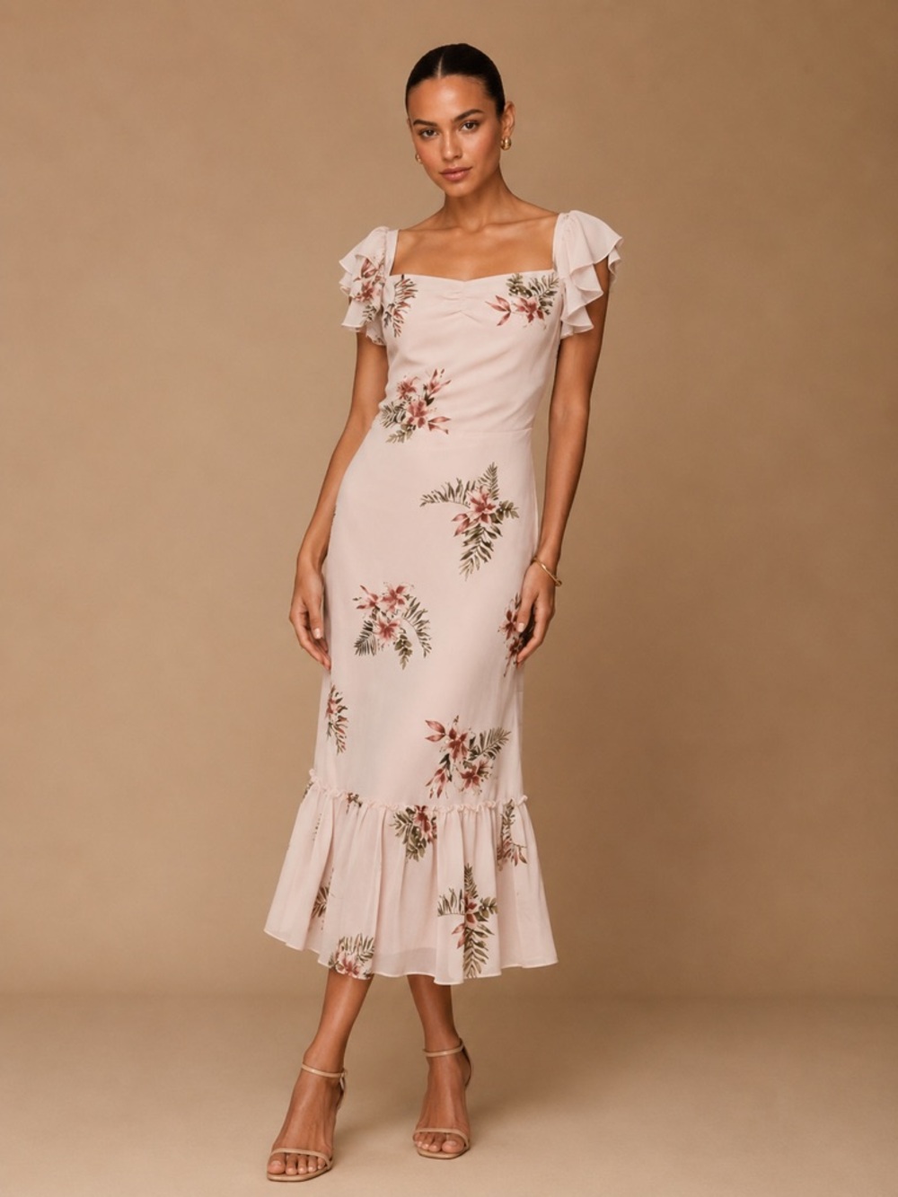 Willow & Clay Pastel Pink Floral Ruffle Short Sleeve Chiffon Dress NWT Medium
